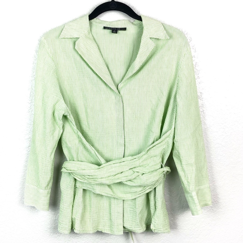 Lafayette 148 Wrap Around Linen Seersucker Blouse